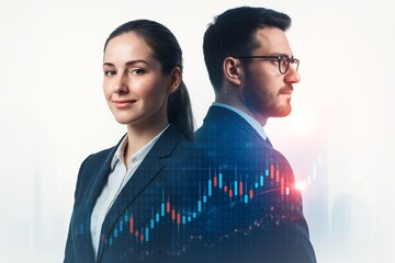 Confident businesswoman and businessman in suits standing back to back with financial chart overlay on white background, symbolizing teamwork and growth. Ai generative
