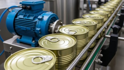 Rows of golden metal cans on automated factory line