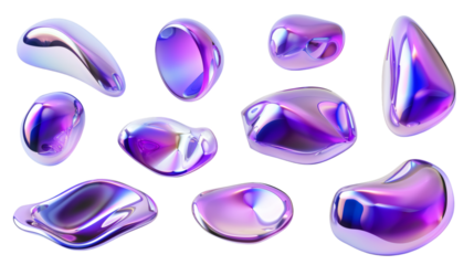 Set of black purple shapes fluid holographic Iridescent 3D render icon isolated on white background