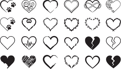 A large collection of various black and white heart shapes with different patterns and outlines