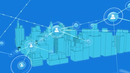 Animation of network of profile icons over spinning 3d city model against blue background - Powered by Adobe