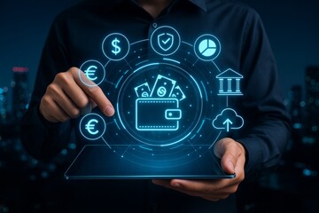Digital wallet and online currency management concept with glowing fintech icons held on tablet by businessman in dark environment at night cityscape. Ai generative