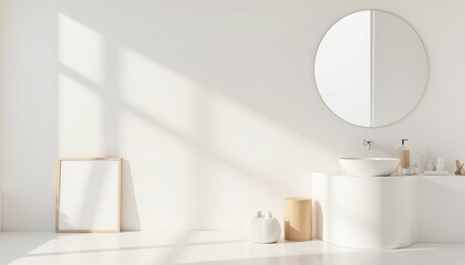 Bright minimalist bathroom interior with round mirror and sink  