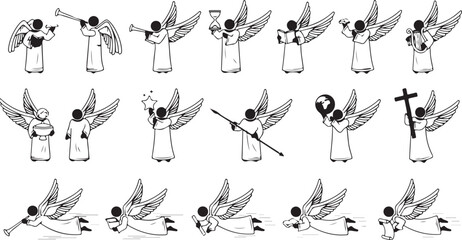 Collection of simple winged angel characters performing various actions and holding religious symbols