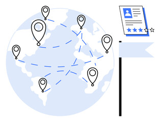 Obraz premium Earth with location markers connected by blue lines, a profile card for user rating. Ideal for business, recruitment, travel, online interaction, connection, globalization, simple flat metaphor