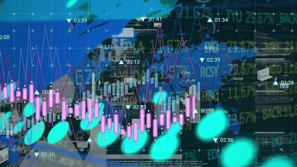 Animation of financial graphs and data over world map and digital screen - Powered by Adobe