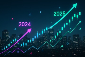 Digital chart with arrows showing financial growth trends for 2024 and 2025 against a city skyline at night with glowing data elements concept. Ai generative
