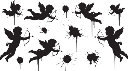 Dynamic black silhouettes of flying cupids with bows and arrows alongside expressive ink splatters