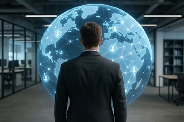 Businessman looking at a digital globe with global network connections in modern office environment, symbolizing international business concept. Ai generative