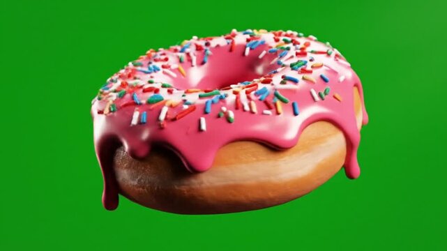 3D animation of a classic donut spinning smoothly on a chroma key green screen background for dessert shop promotions, sweet-themed motion graphics, and celebration videos.