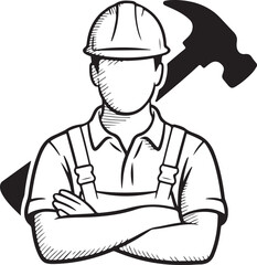 Faceless construction worker in a hard hat and overalls with crossed arms, accompanied by a hammer symbol
