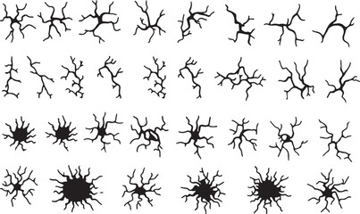 Extensive set of various black crack shapes and shattered surface impact patterns