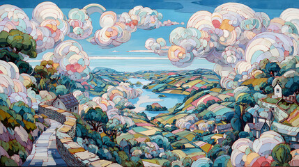 with patchwork fields, soft clouds, gentle sunlight, and balanced rural landscape composition