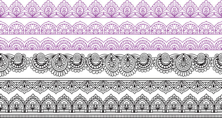 Multiple horizontal seamless border patterns showcasing intricate traditional mehndi henna designs
