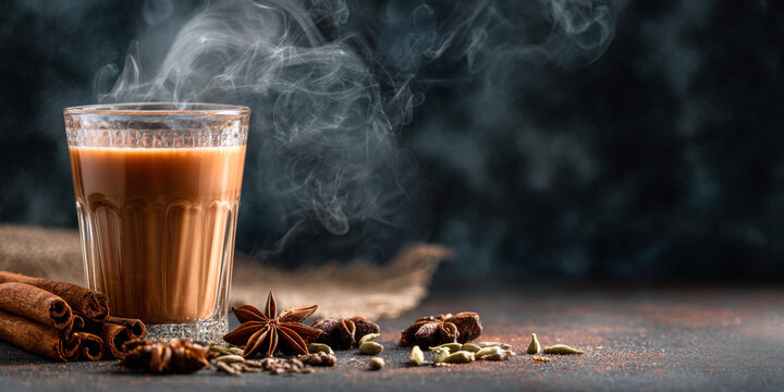 A clear glass cup filled with dark black chai tea with rising steam, surrounded by cinnamon sticks, star anise, and assorted spices on a rustic wooden surface - Powered by Adobe