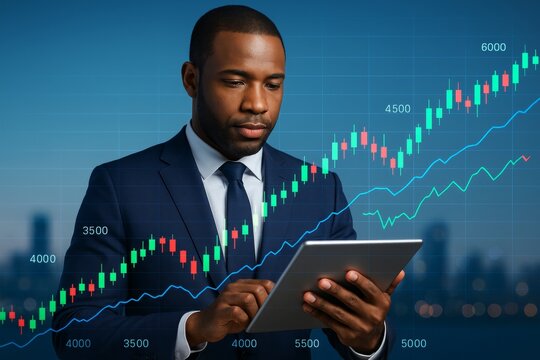Businessman analyzing financial data on tablet with stock market chart overlay against urban blurred background in professional concept style. Ai generative - Powered by Adobe