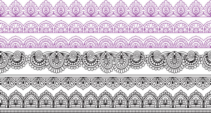 Multiple horizontal seamless border patterns showcasing intricate traditional mehndi henna designs