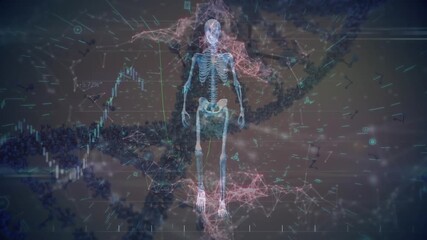 Animation of qr code with dna strand and digital brain over data processing on white background - Powered by Adobe