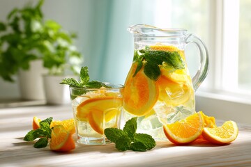 Refreshing orange infused water in a glass pitcher with mint and ice cubes.
