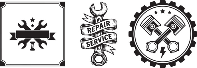Three distinct black and white emblems symbolizing mechanical repair and automotive service industries