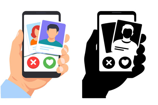 Hand holding smartphone with dating app interface