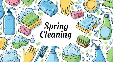 Spring cleaning essentials with colorful cleaning supplies and tools design for home organization