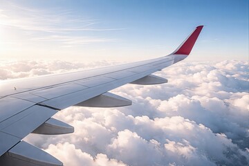 Obraz premium Serene aerial view from an airplane wing gliding through fluffy clouds under a luminous sky evoking a sense of adventure tranquility and freedom for travelers seeking new horizons