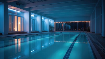 Surreal Night Pool Interior with Still Water Reflection