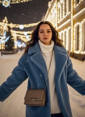 Young woman enjoying winter magic in snowy street with Christmas lights