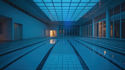 Empty Night Pool with Calm Water and Blue Lighting