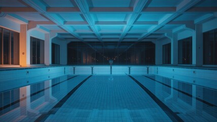 Surreal Indoor Pool Scene with Soft Blue Glow