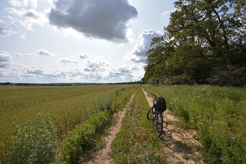 Obraz premium bike stands on the road in the field. A mountain bike stands on a field path with green grass. Mountain bike. wheat field, sunny day. ride a bike. active outdoor recreation. trip to the countryside