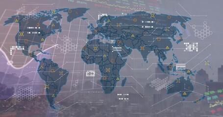 Animation of financial data processing and world map over cityscape - Powered by Adobe