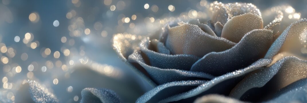A close-up image of frost or morning dew on surfaces, showcasing delicate natural beauty.