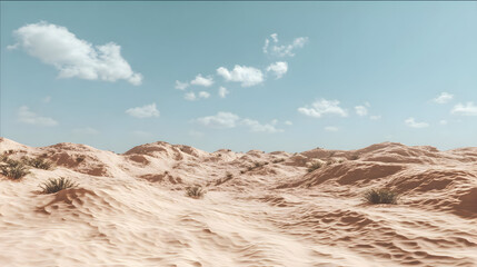 landscape with rolling sand dunes under dramatic cloudy sky, subtle wind patterns shaping textures and shadows across the terrain
