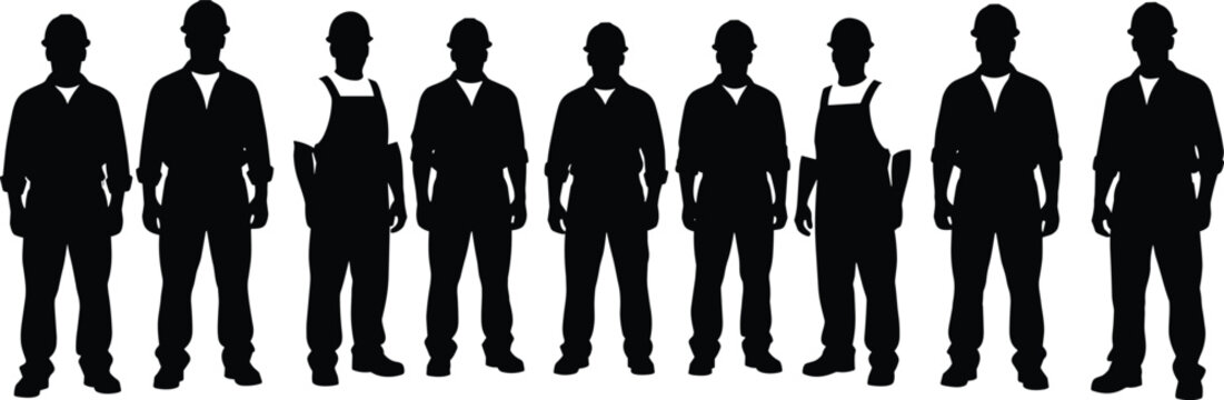Industrial worker silhouette group showing factory laborers standing together in uniforms and safety helmets isolated on white background vector illustration