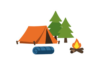 Fototapeta premium Cartoon Camping Scene with Tent, Campfire, and Trees