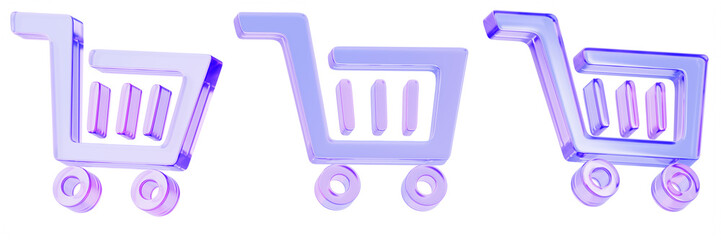 Glass hologram supermarket trolley 3d icon set for app or web design. Purple crystal outline of shopping cart in different angles. Ecommerce online store, internet market, cyber shop © marozhkastudio