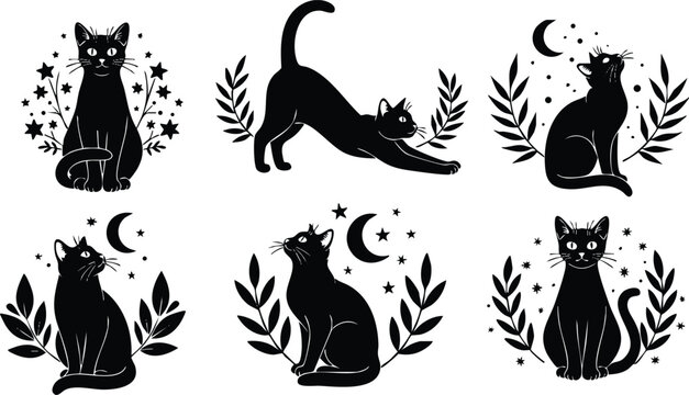 Vector art collection of six black cats sitting and stretching among stars moon and leaves in mystical boho style simple flat design minimalistic silhouette set of feline illustrations