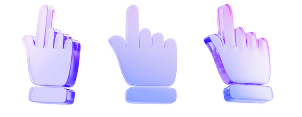 Fototapeta premium 3d set of holographic glass morphism hand click icon. Crystal computer cursor with index finger and purple blue gradient. Pointing gesture, tap screen, choose button isolated on white