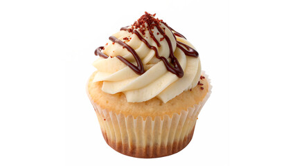 Delicious vanilla cupcake with cream cheese frosting and chocolate drizzle on top isolated on transparent background cut out

