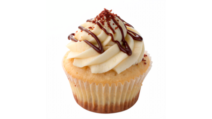 Delicious vanilla cupcake with cream cheese frosting and chocolate drizzle on top isolated on transparent background cut out
