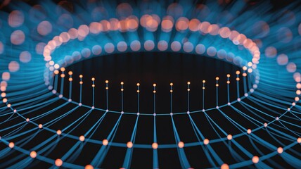 Vibrant network visualization with glowing orange nodes and blue connections