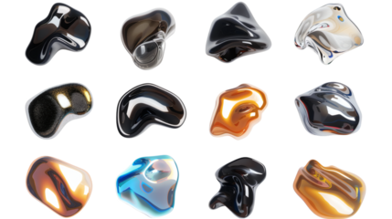 Set of black silver bronze shapes fluid holographic Iridescent 3D render icon isolated on white background