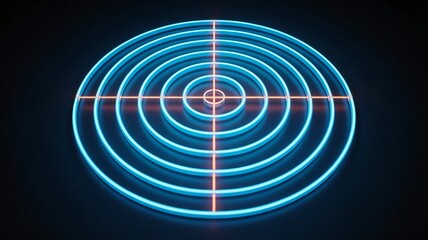 Neon blue concentric circles with crosshair in dark background