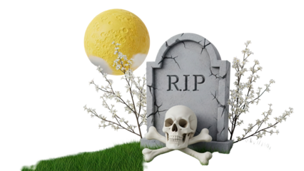Halloween Tombstone with Skull, Moon, and Blossoms