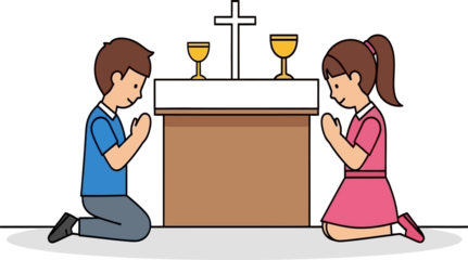 Children praying at church altar with cross and chalices