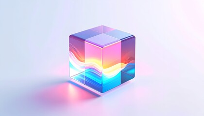 A transparent cube with flowing, colorful waves inside, on a gradient background