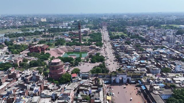 Aerial view of Lucknow city featuring the Clock Tower, Satkhanda, Picture Gallery, Chota Imambara in India
