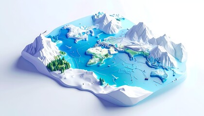 Isometric world map with mountains, oceans, and forests, 3D rendering
